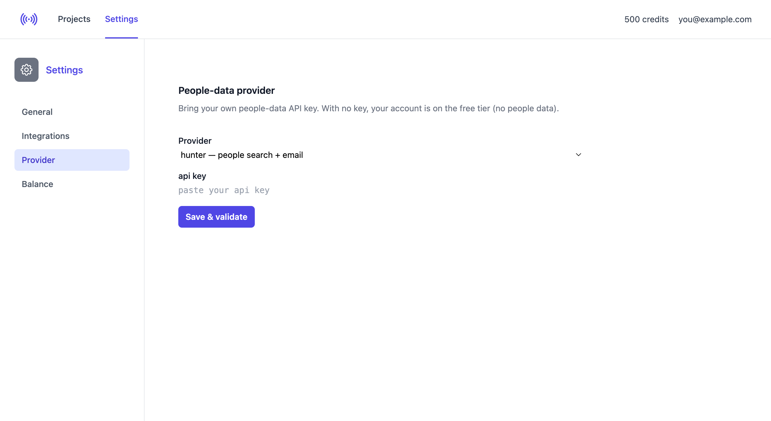 People-data provider settings with no key saved