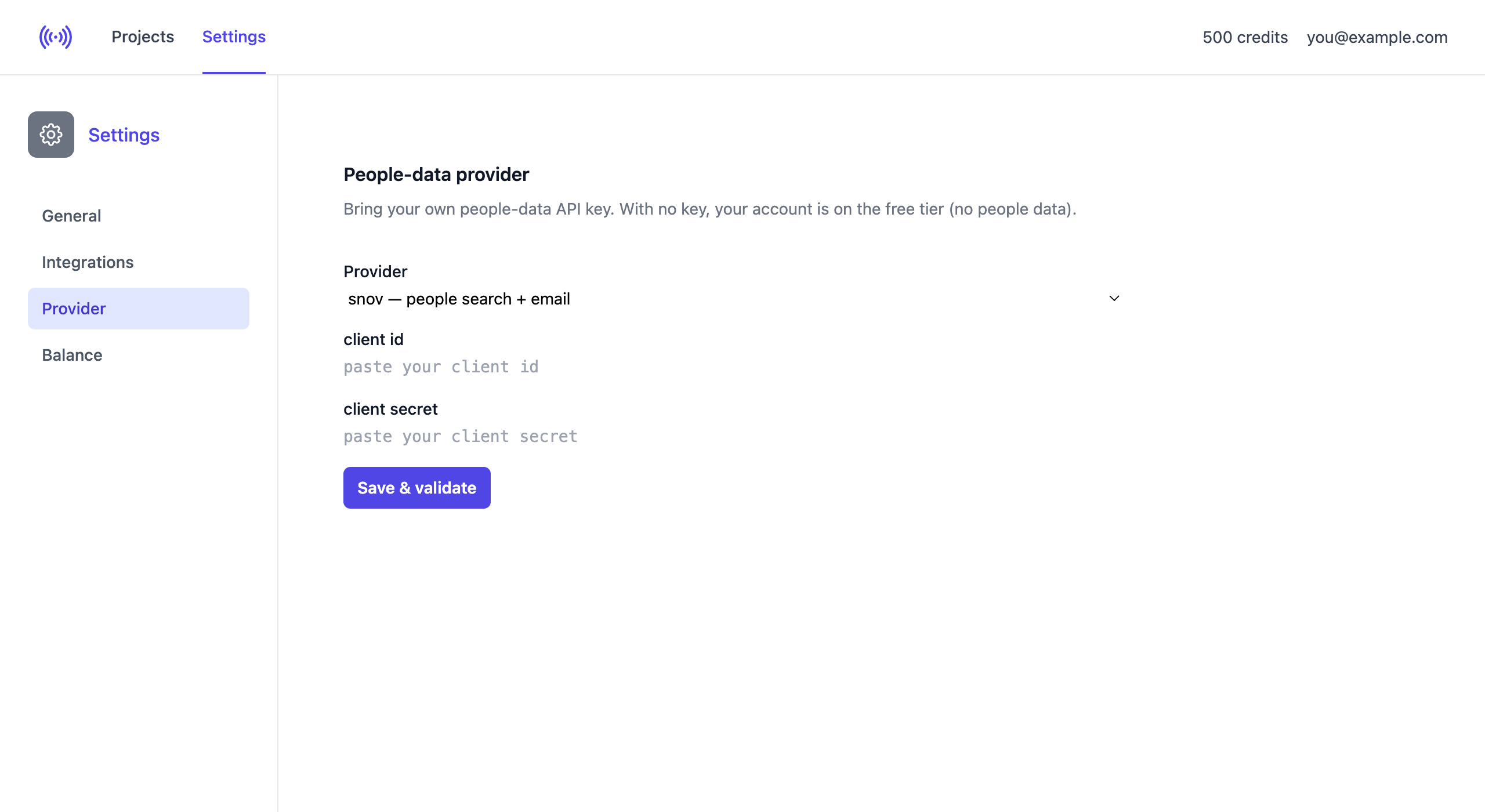 Snov.io selected, showing Client ID and Client Secret fields