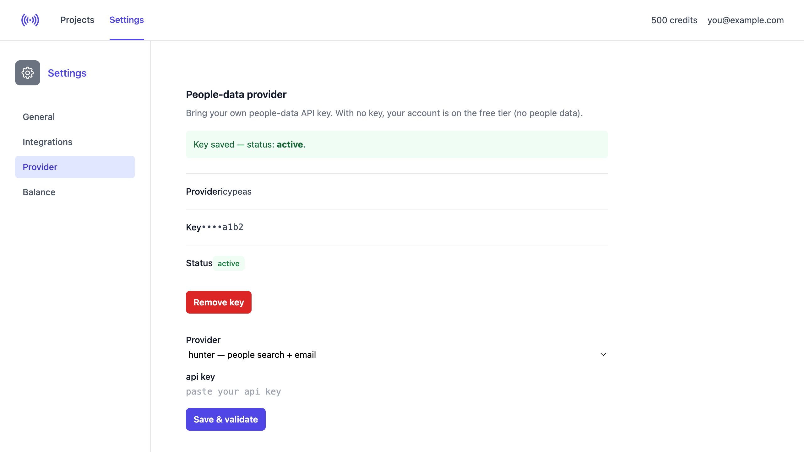 Key saved with active status