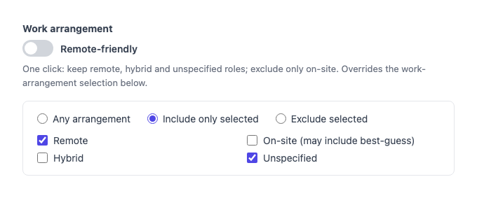 Work arrangement filter with Include only selected and Remote + Unspecified checked
